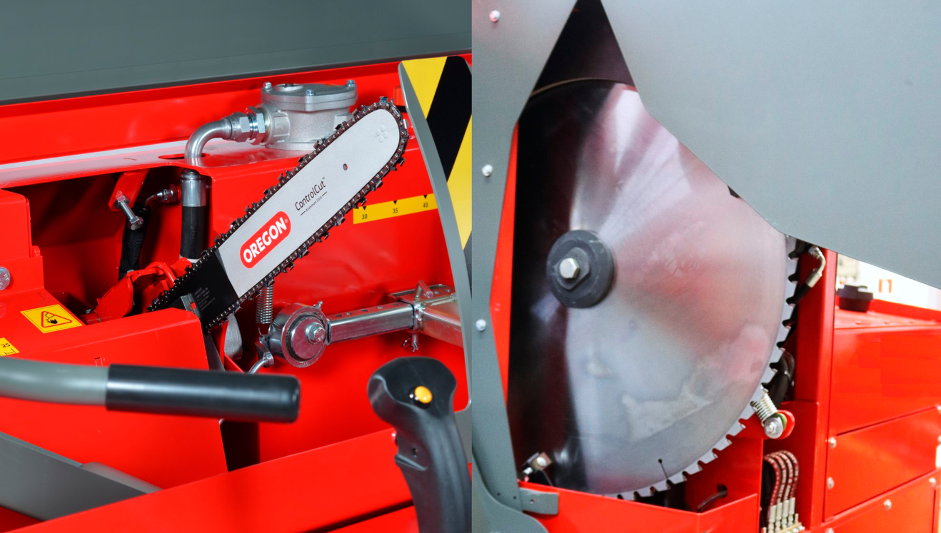 A firewood processor with a chain saw and a firewood processor with a circular saw. A firewood processor with a chain saw and a firewood processor with a circular saw.